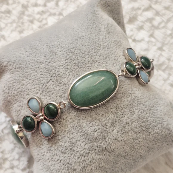 Sterling Silver Floral Jade & Larimar Stone Bracelet - Picture 3 of 10